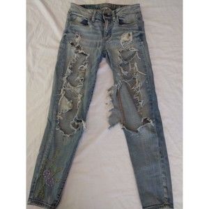American Eagle Mid Rise Jegging Ankle Destroyed Super Stretch Denim Size 2